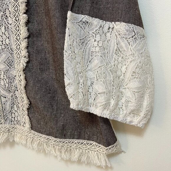 Ryu Bohemian Brown Chambray Fringe Lace Trim Bow Ties - Size Large - Picture 5 of 7